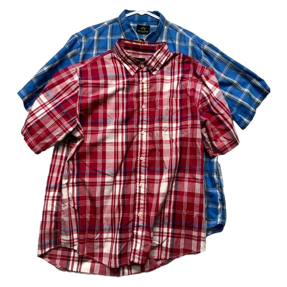 Weatherproof Shirt Mens Large Blue Red Plaid Short Sleeve Button Down Lot of 2